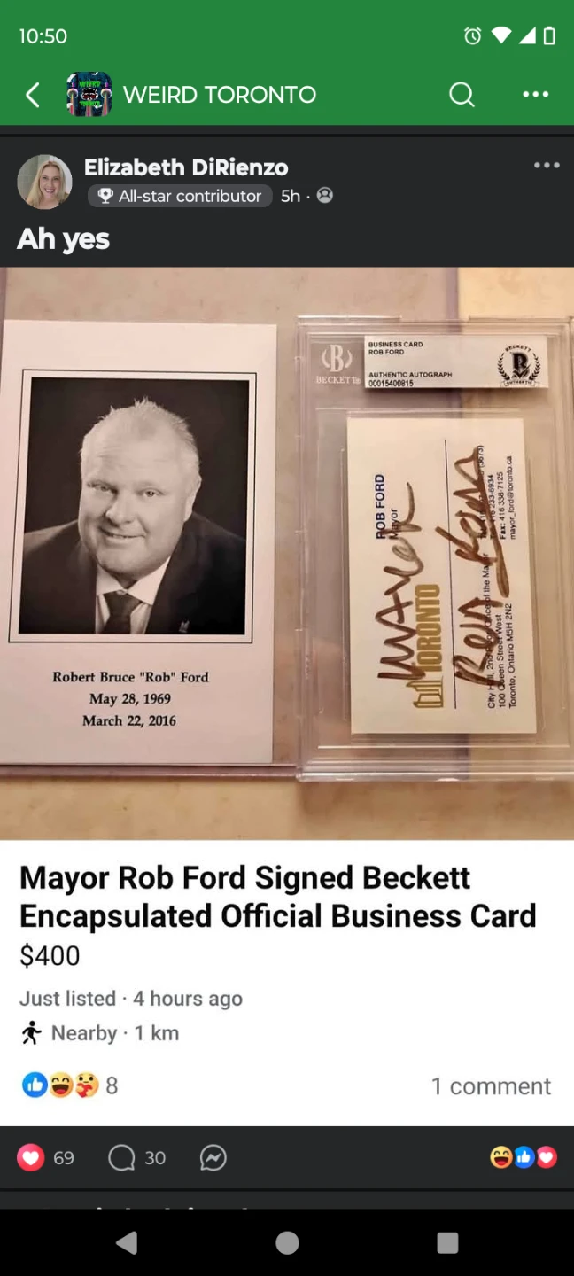 Mayor Rob Ford Signed Beckett Encapsulated Gold Business Card - photo 2