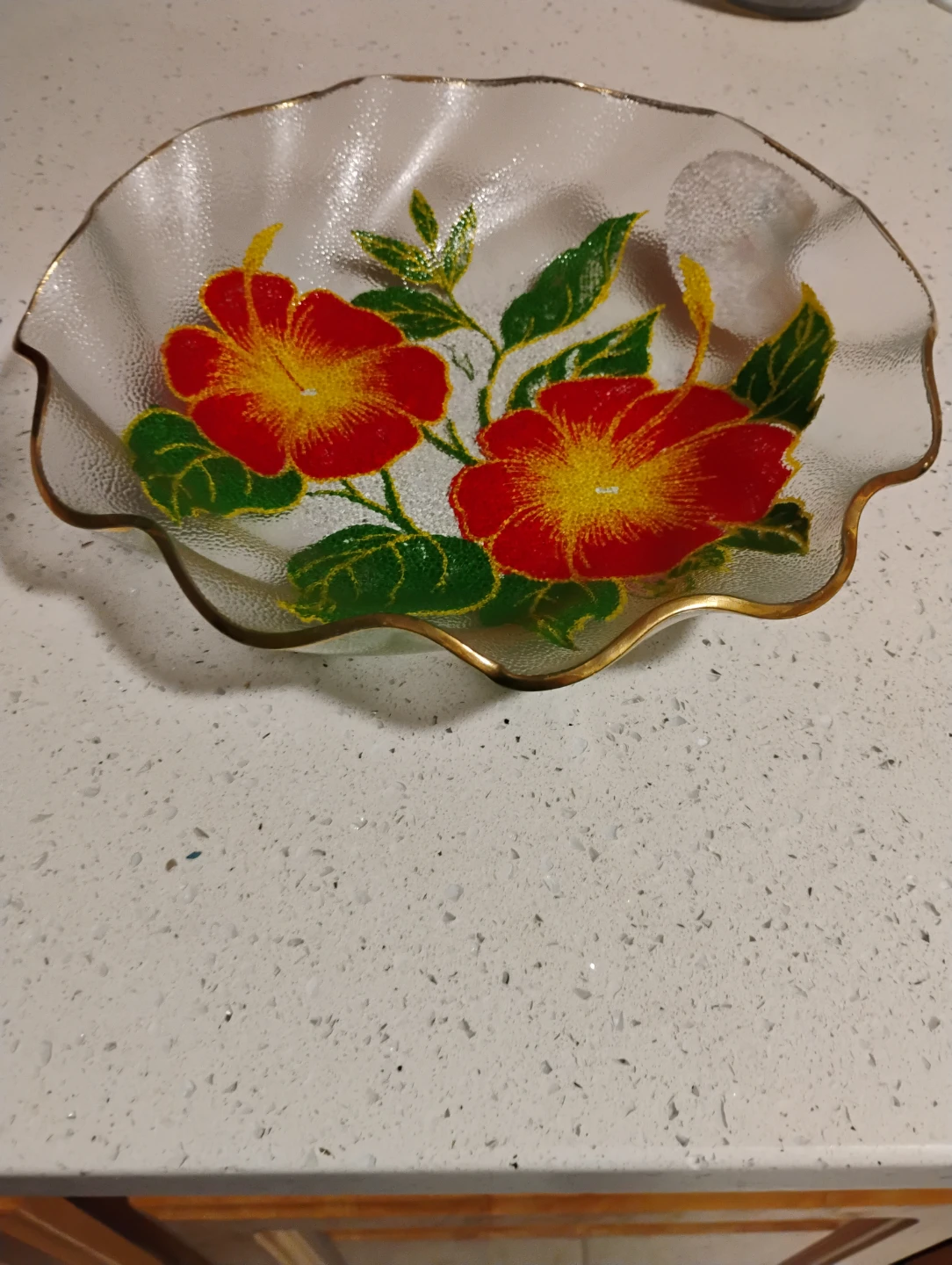 Glass Fruit Bowl with Red Flowers