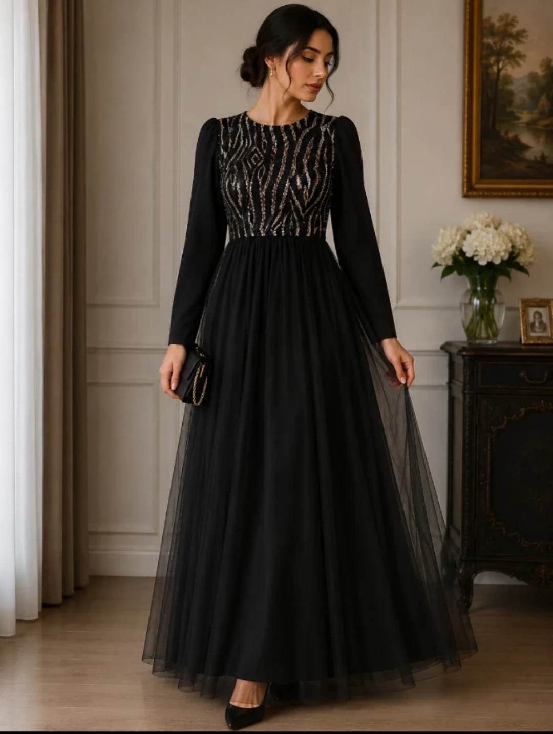 Black Tulle Maxi Dress with Embellished Bodice