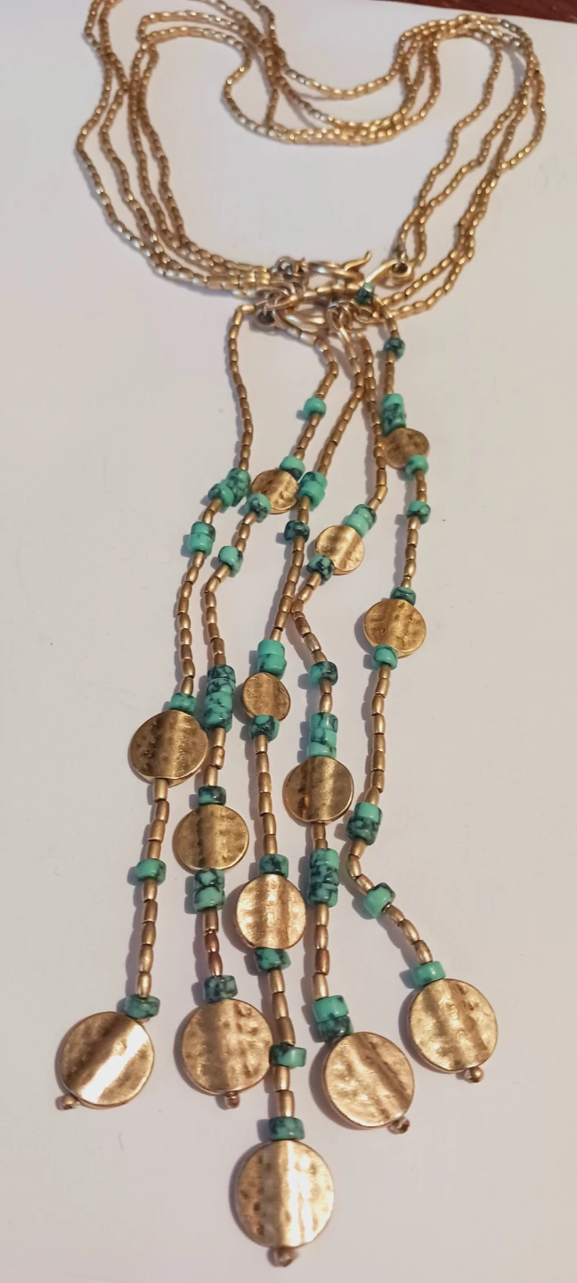 Gold tone beaded necklace with turquoise accents and coin charms - photo 4
