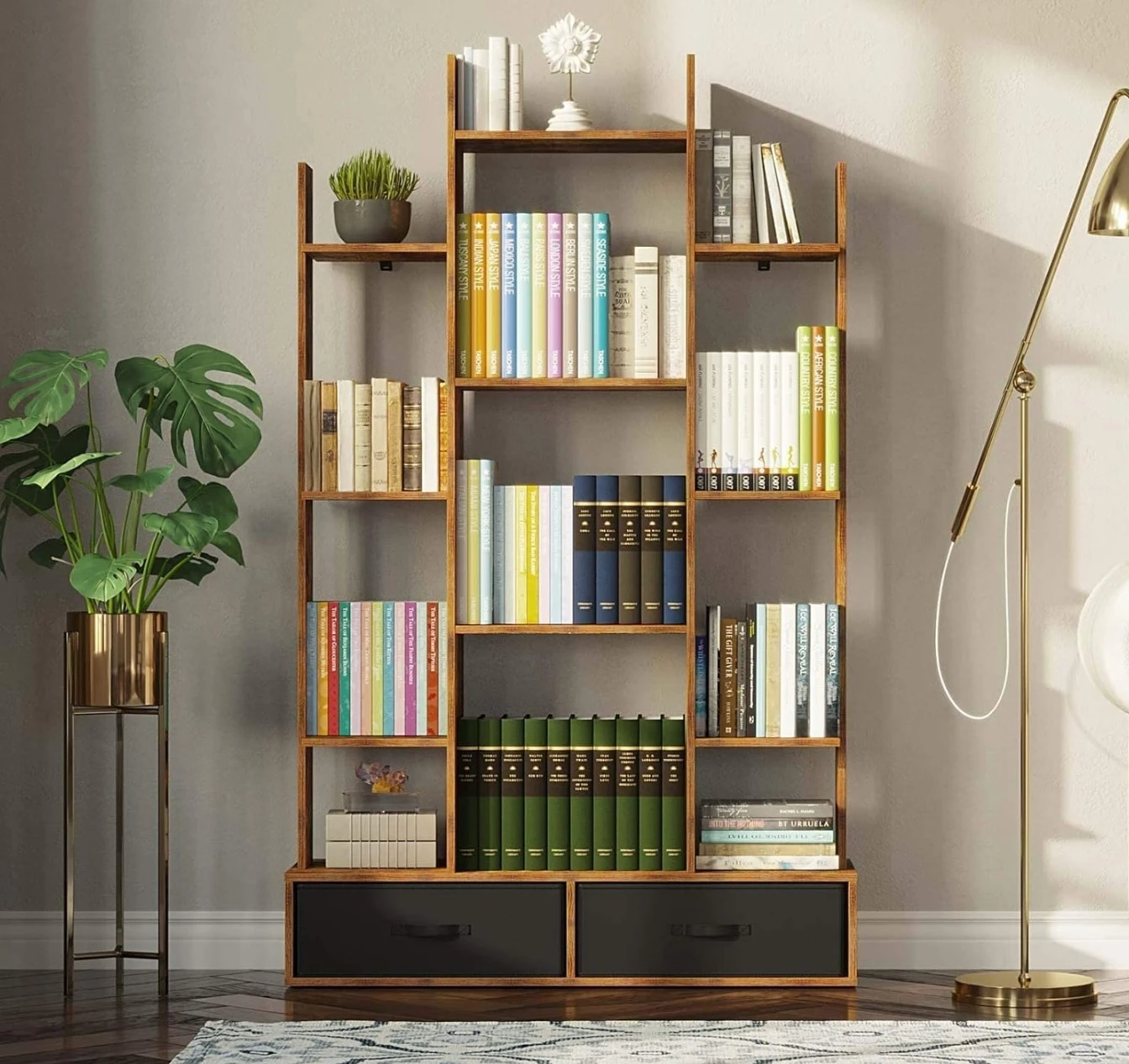 Tall Wood-Look Bookshelf with Drawers - photo 4