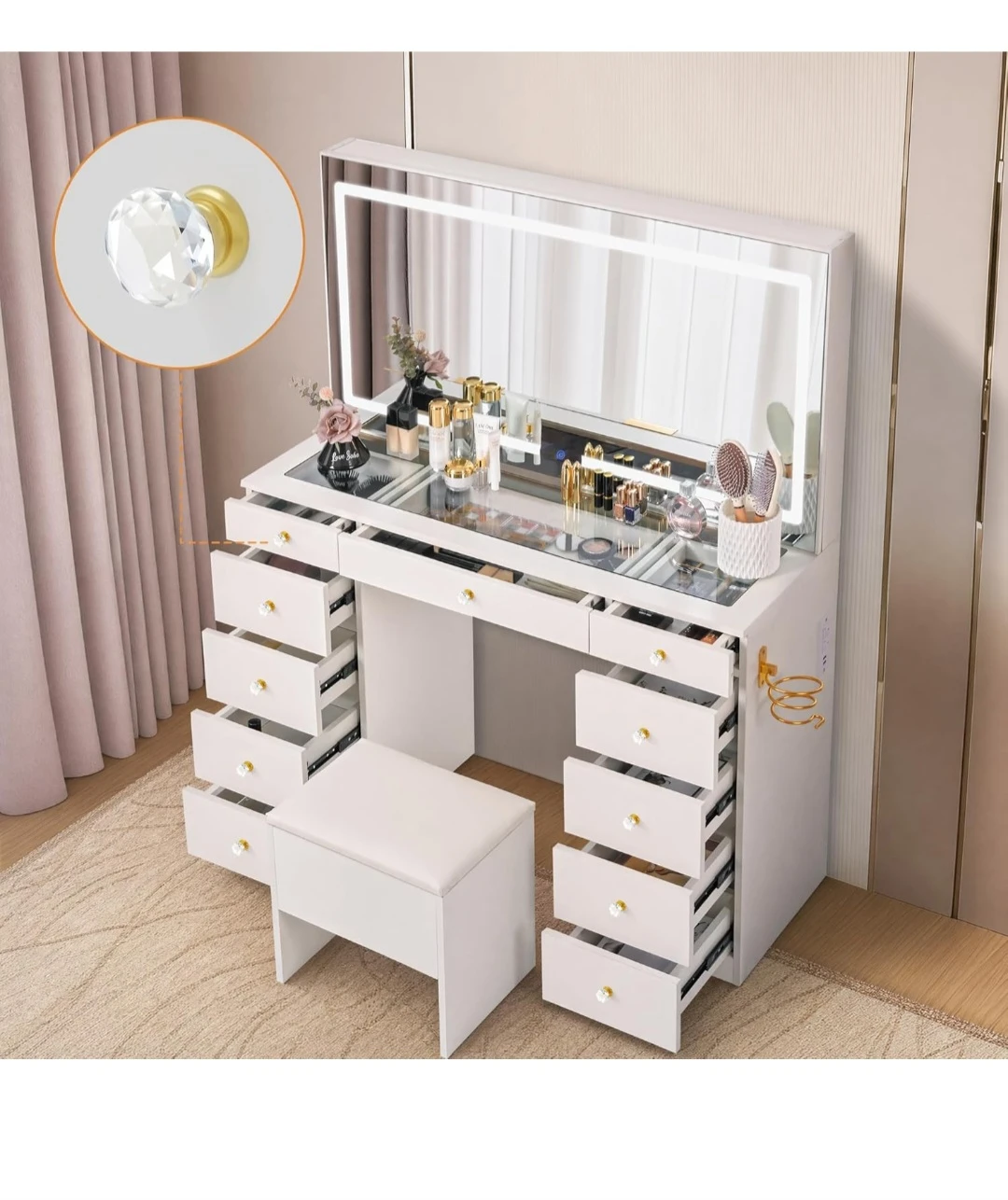 Pamapic White Vanity Desk with LED Mirror and Stool