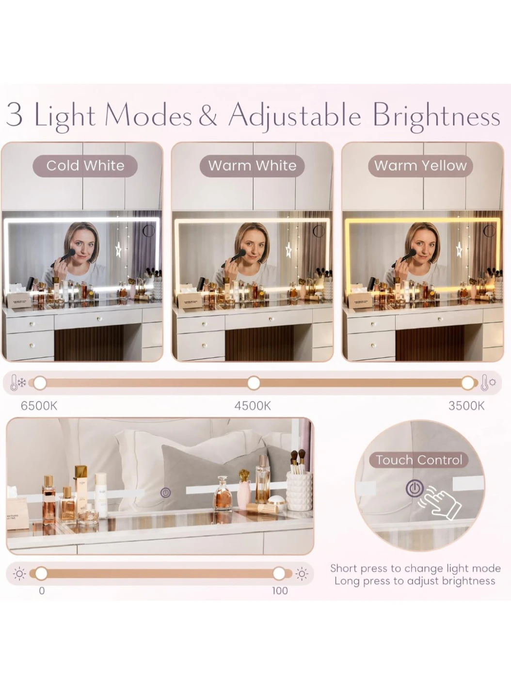 Pamapic White Vanity Desk with LED Mirror and Stool - photo 4