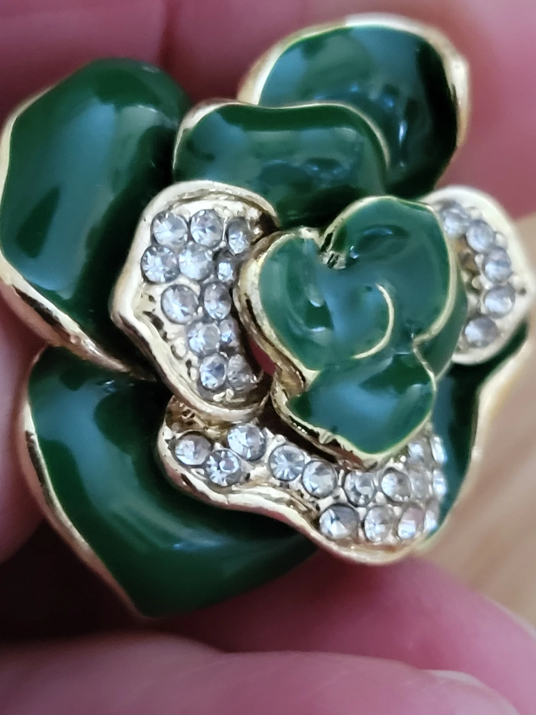 Floral gold tone green floral ring with rhinestones - photo 3