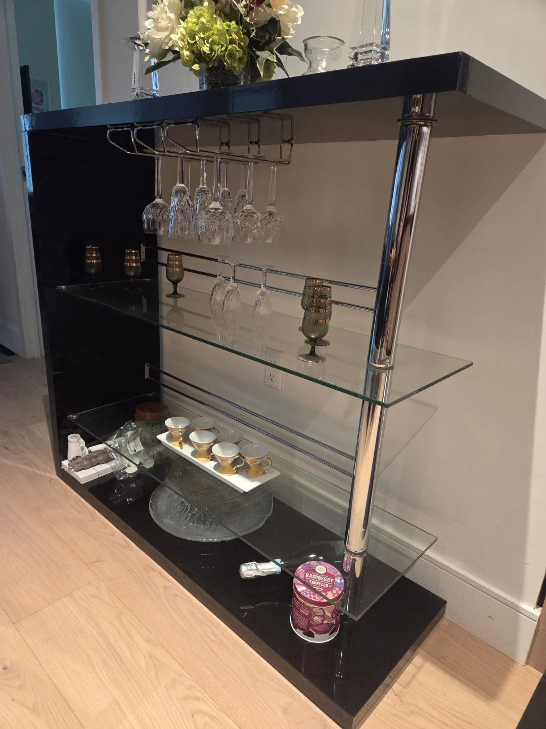 Bowery Hill Black Bar Console and Wine Glass Rack