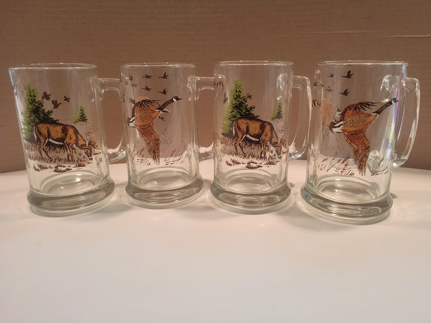 Set of 4 Glass Beer Mugs with Deer and Geese Wildlife Scene