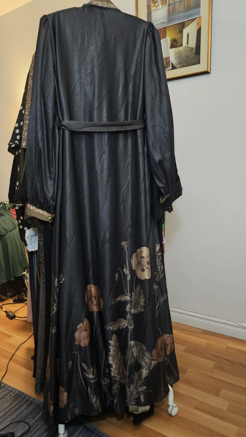 Black floral open-front abaya - photo 2