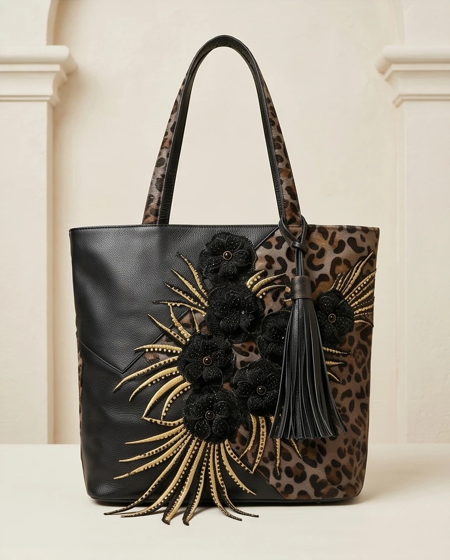 Sharif Original 1827 Black Genuine Leather Leopard Print