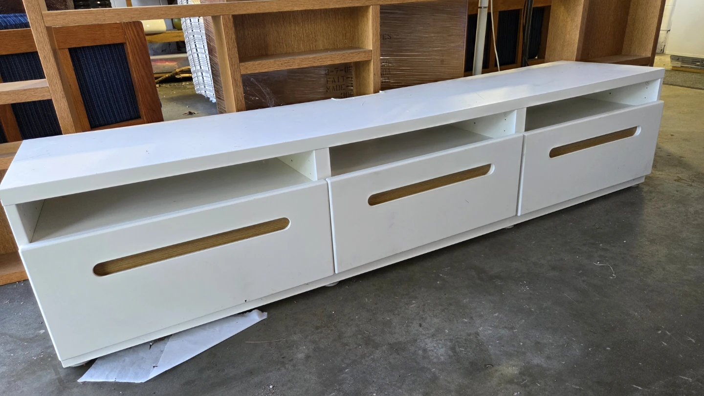 White TV Stand with 3 Drawers and 3 Shelves