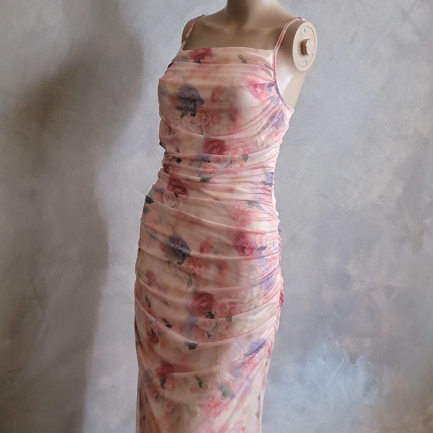 Pink Floral Ruched Mesh Maxi Dress - photo 2