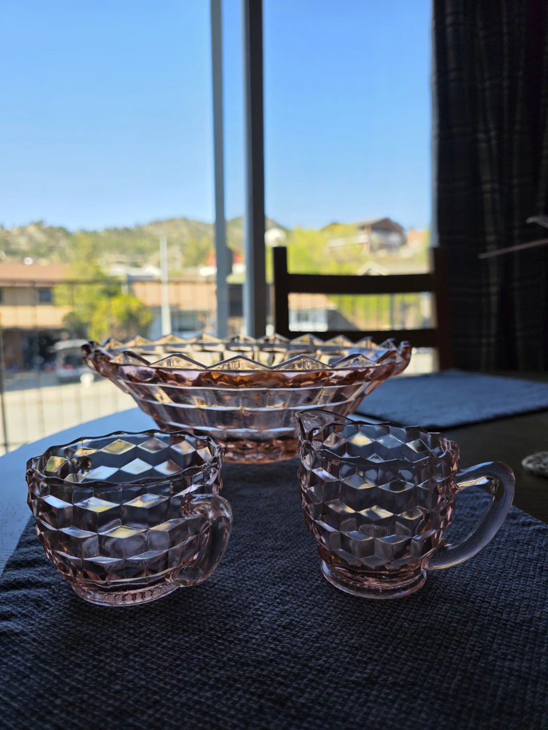 Pink Glass Diamond Cut Bowl and Creamer Set