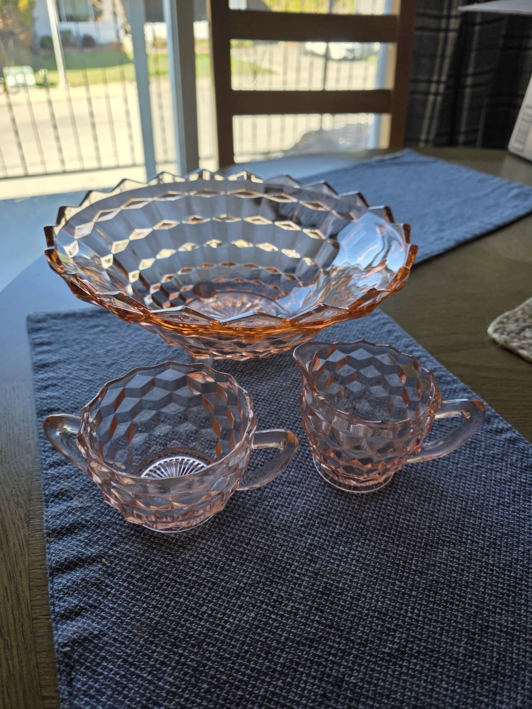 Pink Glass Diamond Cut Bowl and Creamer Set - photo 2