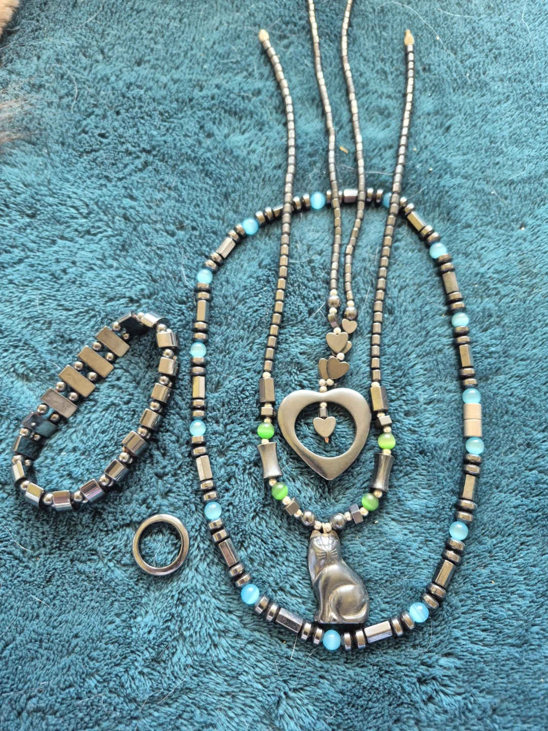 Hematite Necklace with Cat Pendant and Matching Bracelet Set