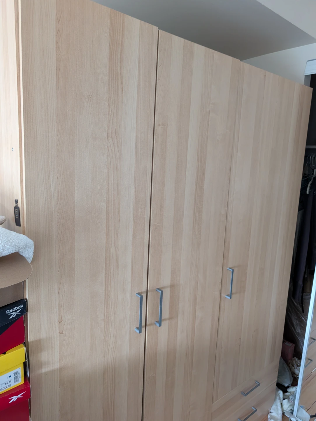 Light Wood 3-Door Wardrobe with Drawers