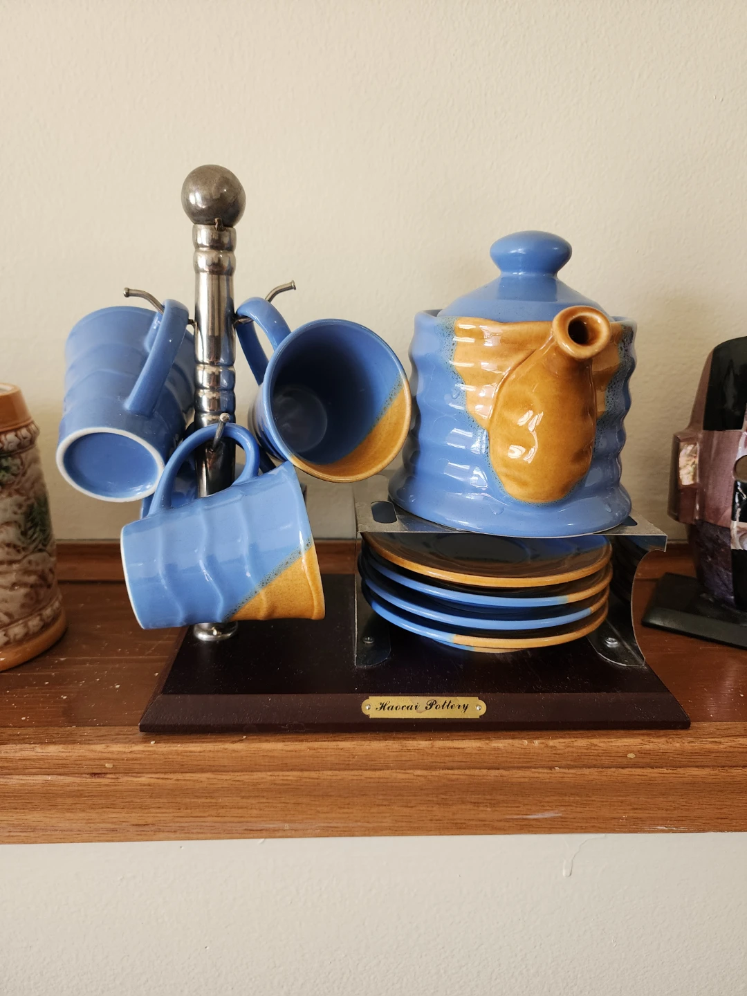 Hovvaii Pottery Blue and Yellow Ceramic Mug Set with Plates