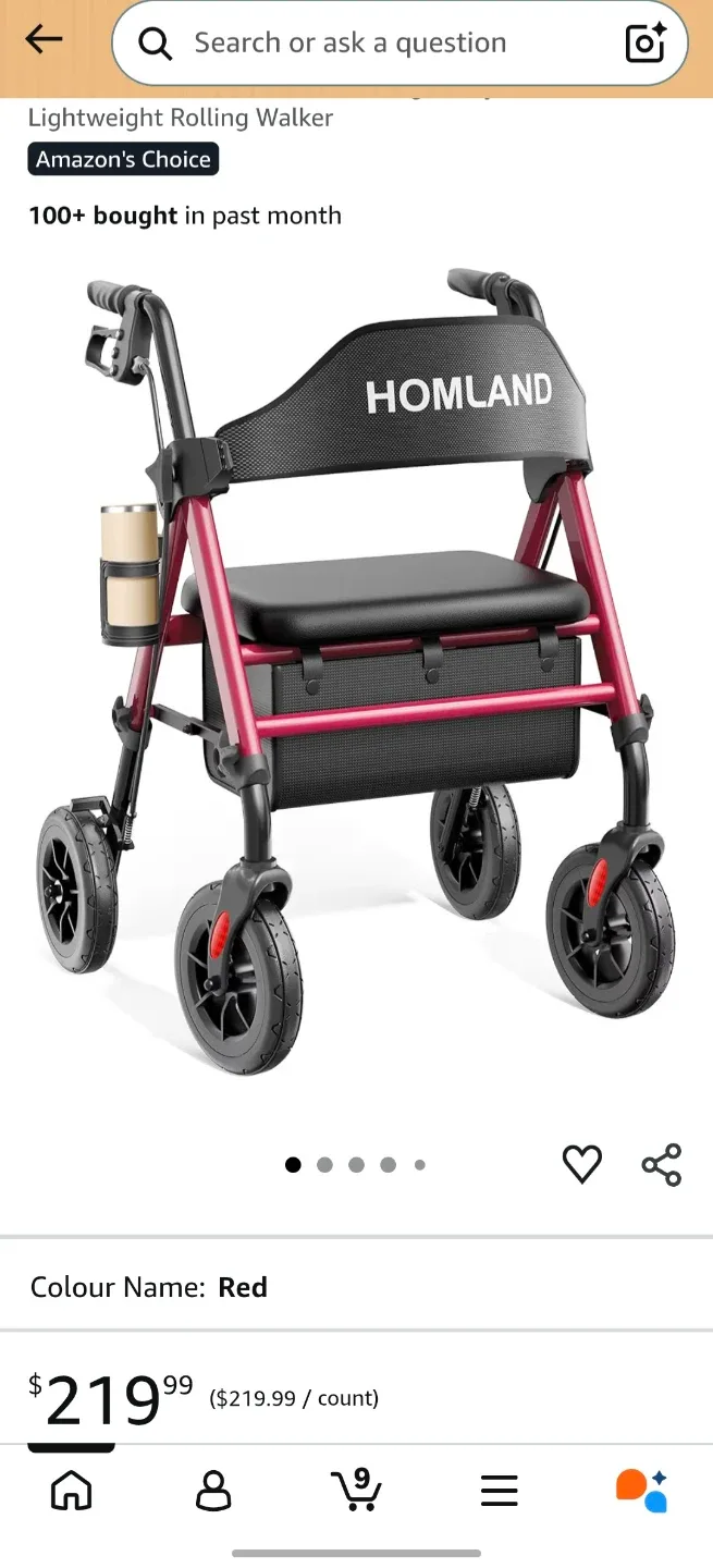 HOMELAND Lightweight Rolling Walker Red