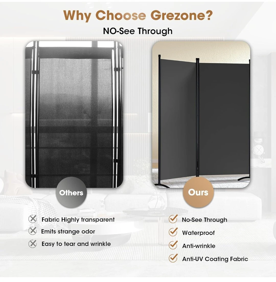 Grezone 3-Panel Room Divider Screen, Grey *NEW* - photo 3