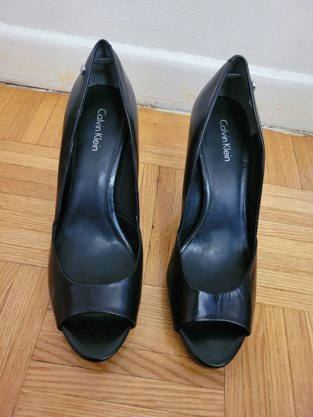 Calvin Klein Black Leather Peep-Toe Heels Size 9