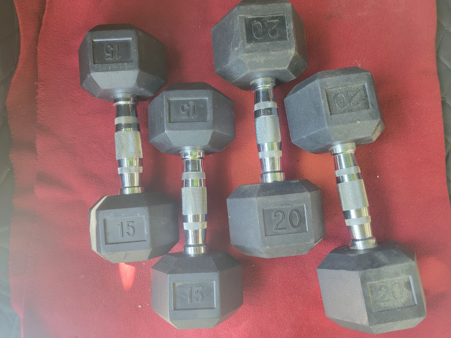 SET OF  20s. 15s. 10s  RUBBER COATED HEXHEAD DUMBBELLS