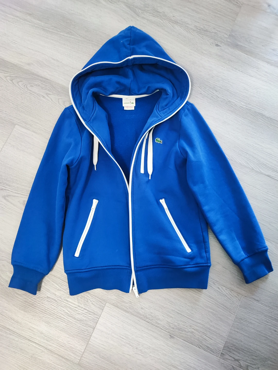 Lacoste Blue Zip-Up Hoodie with White Trim - Size 2