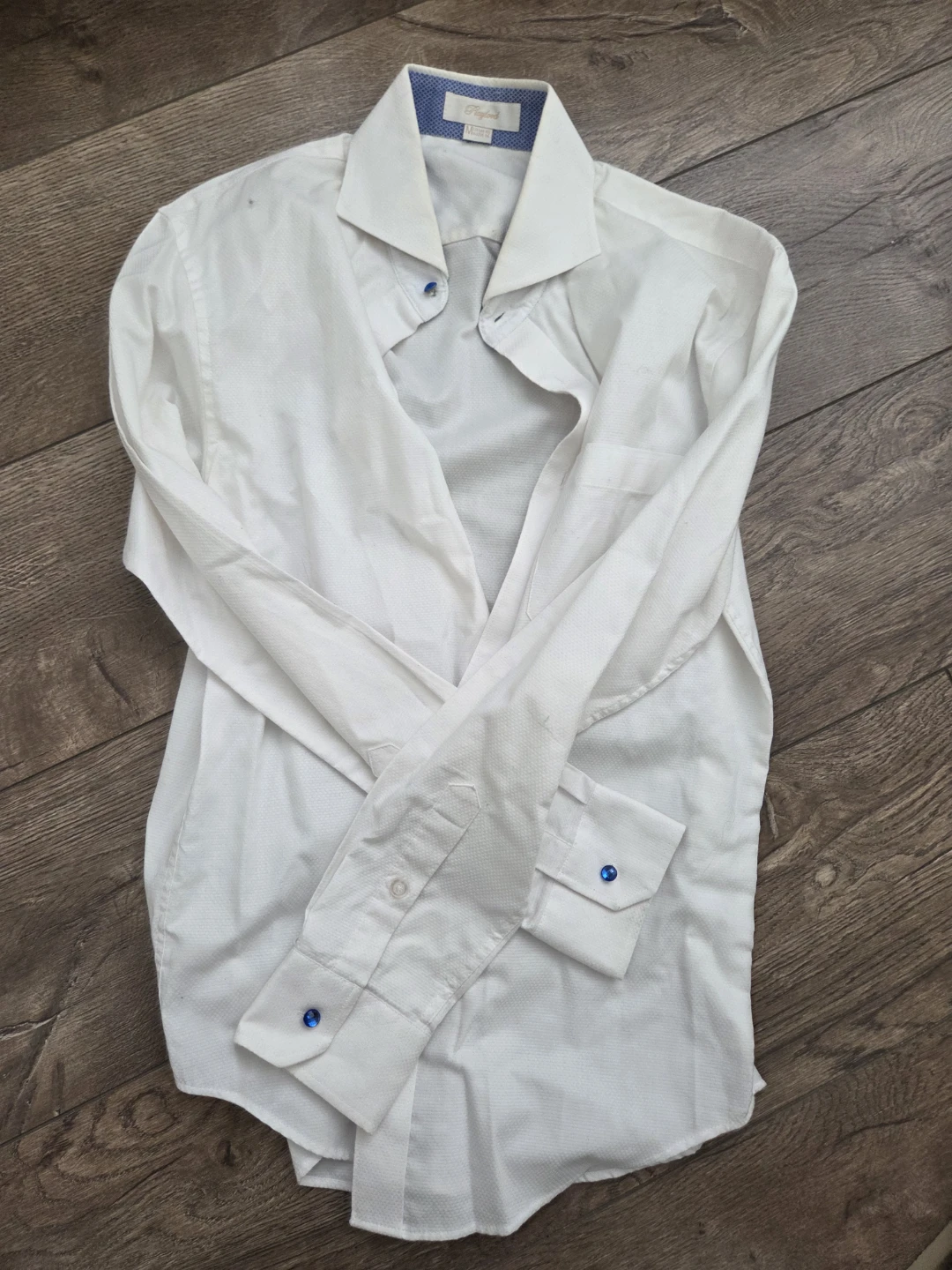 Free men's White Dress Shirt with Blue Button Accents - Size S-M