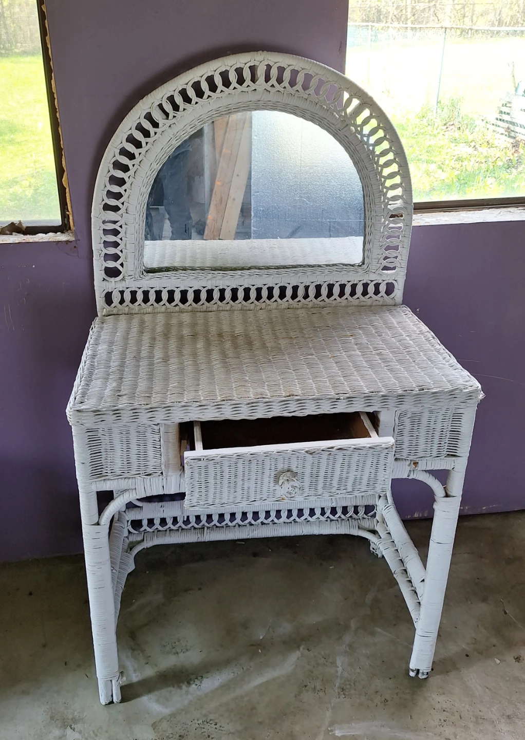 Vintage White Wicker Vanity with Mirror and Drawer