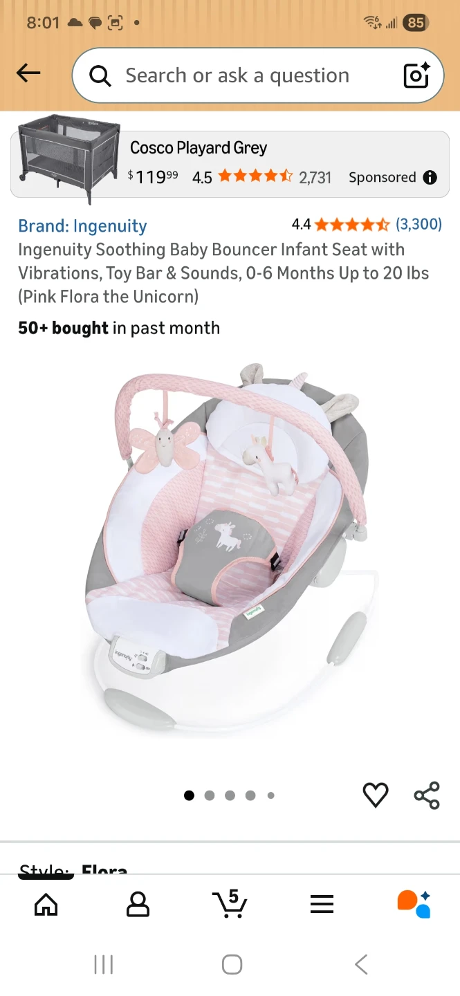 Ingenuity Soothing Baby Bouncer - Flora the Unicorn