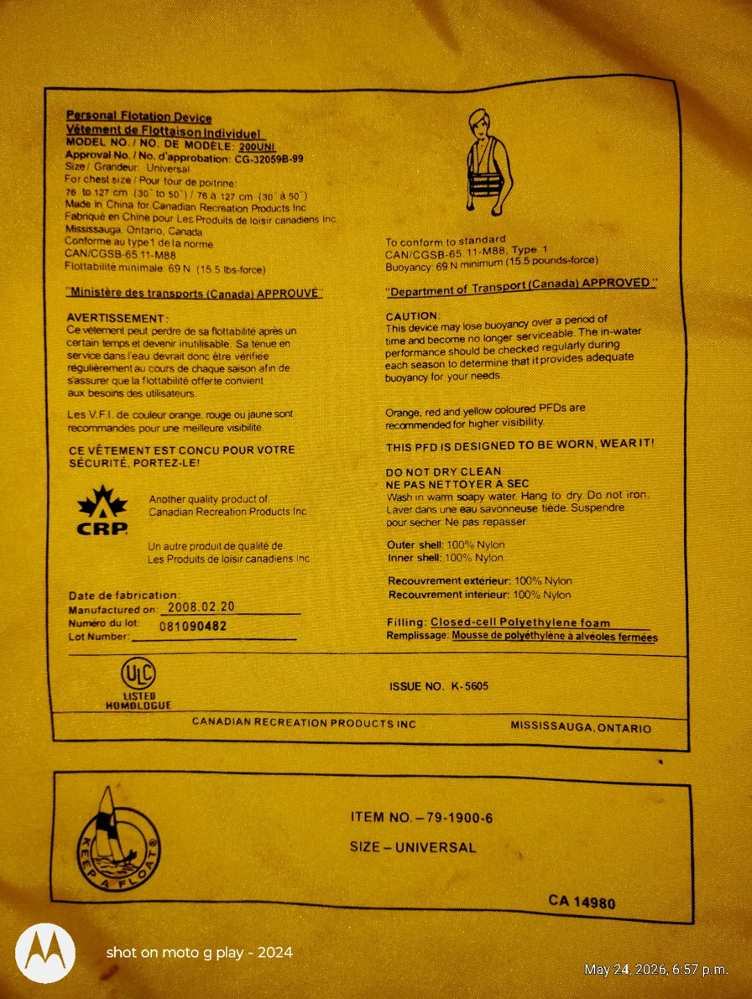 Canadian Recreation Products Inc. Personal Flotation Device - - photo 2