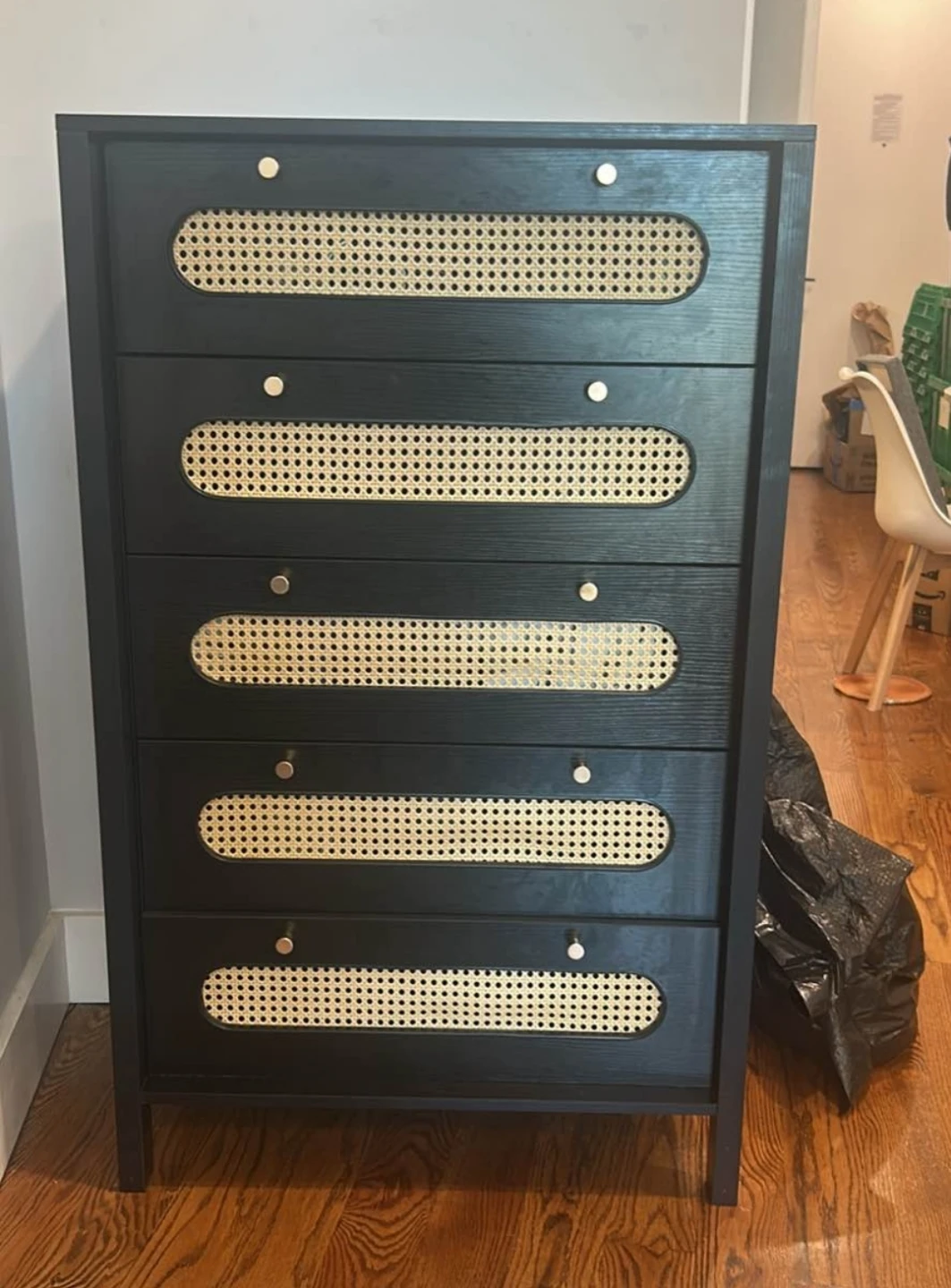 Black 6-Drawer Dresser with Cane Inlay