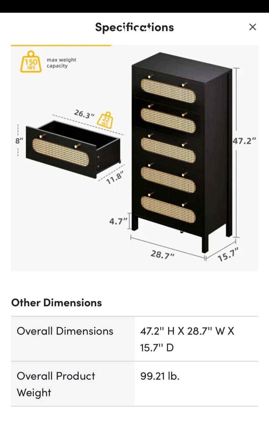 Black 6-Drawer Dresser with Cane Inlay - photo 2