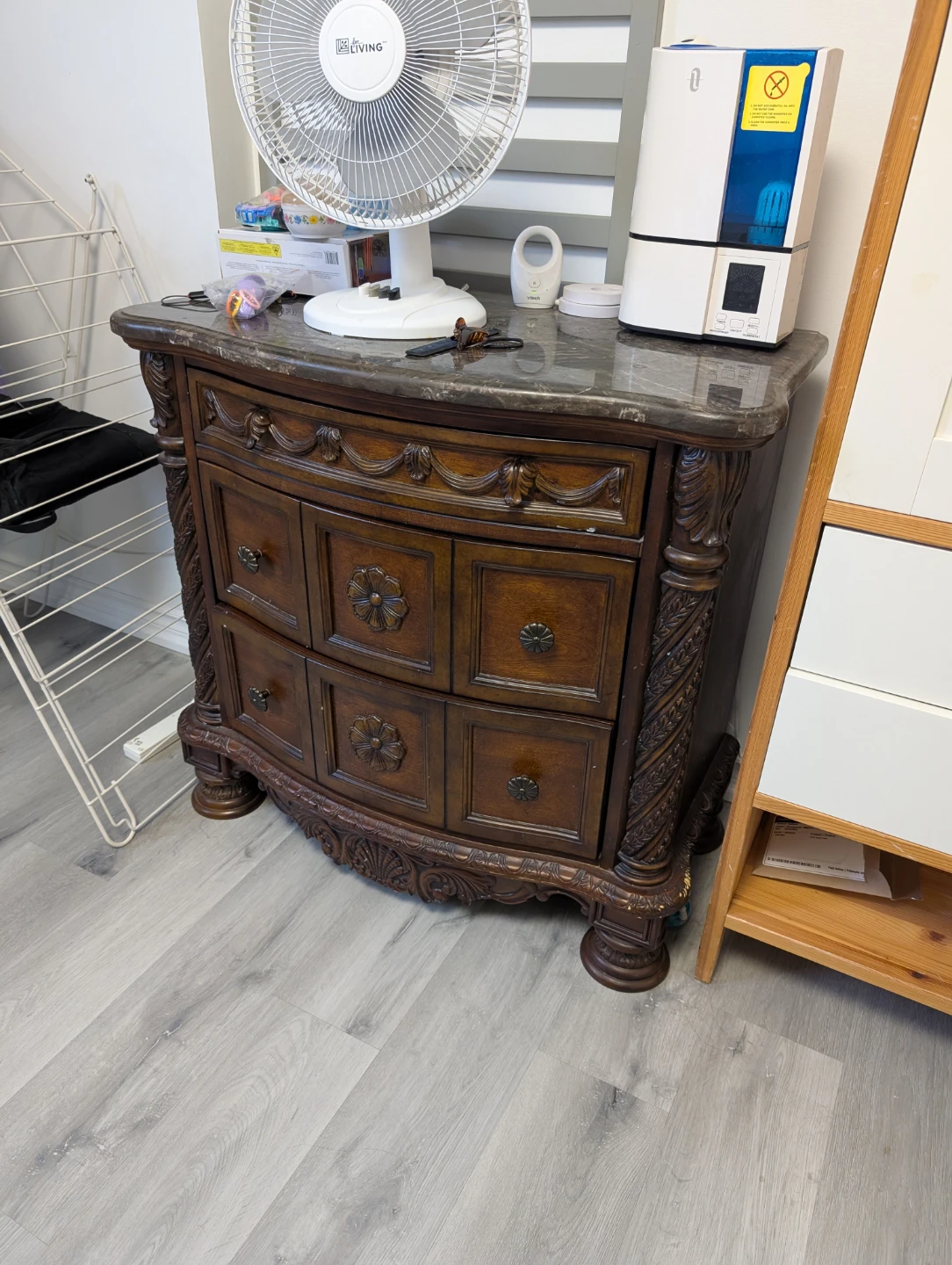 Ornate Dark Wood Nightstand with Marble Top