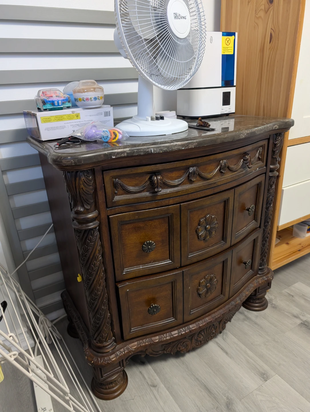 Ornate Dark Wood Nightstand with Marble Top - photo 2