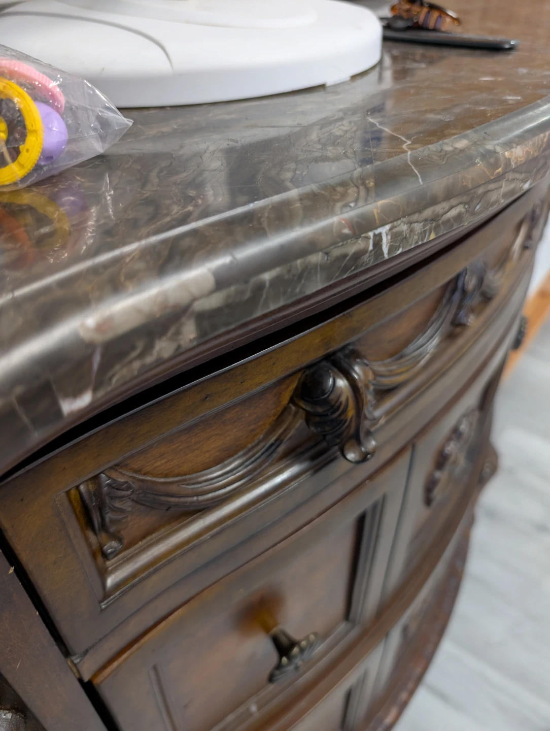 Ornate Dark Wood Nightstand with Marble Top - photo 5