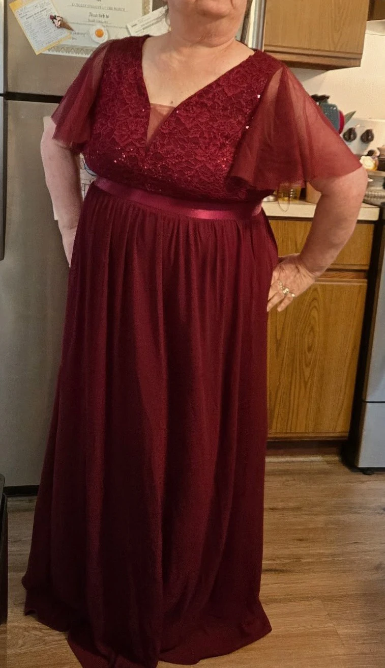 Women's Sz.2X  Maroon Chiffon Lace & Sequin V-Neck Gown