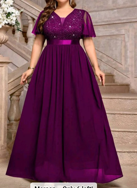 Women's Sz.2X  Maroon Chiffon Lace & Sequin V-Neck Gown - photo 2