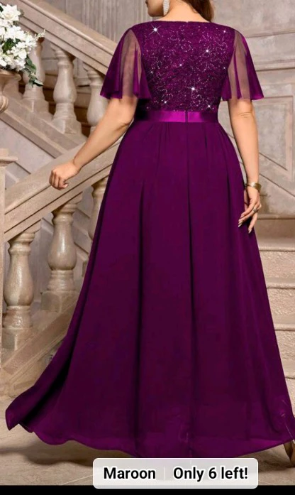 Women's Sz.2X  Maroon Chiffon Lace & Sequin V-Neck Gown - photo 4