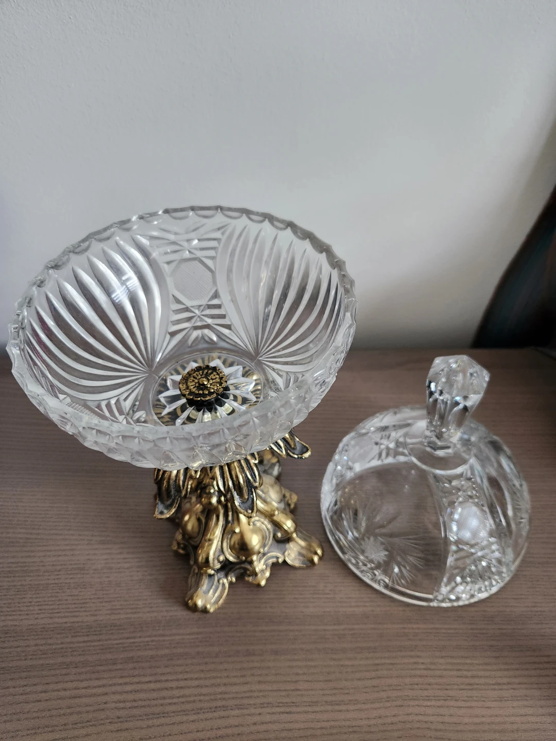 Vintage Crystal Candy Dish with Lid and Brass Stand - photo 2