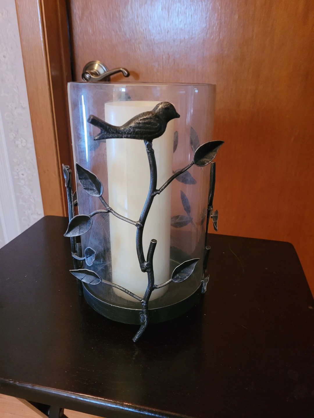 Glass Candle Holder with Bird and Leaf Metalwork