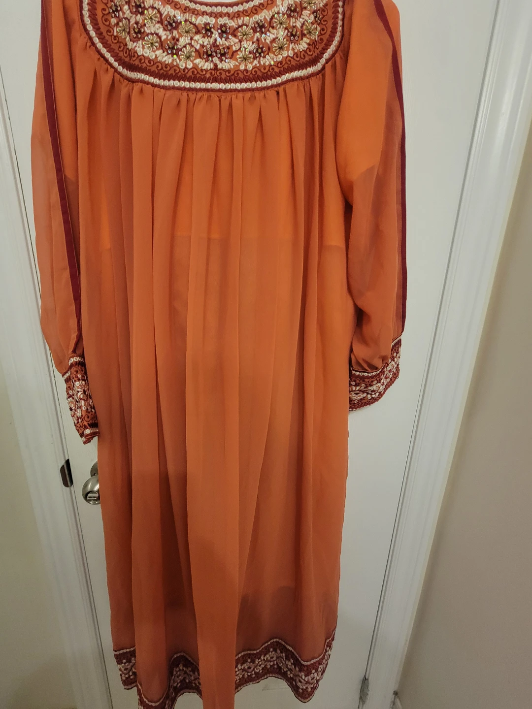 Orange Sheer Embroidered Dress with Red Pants - photo 2