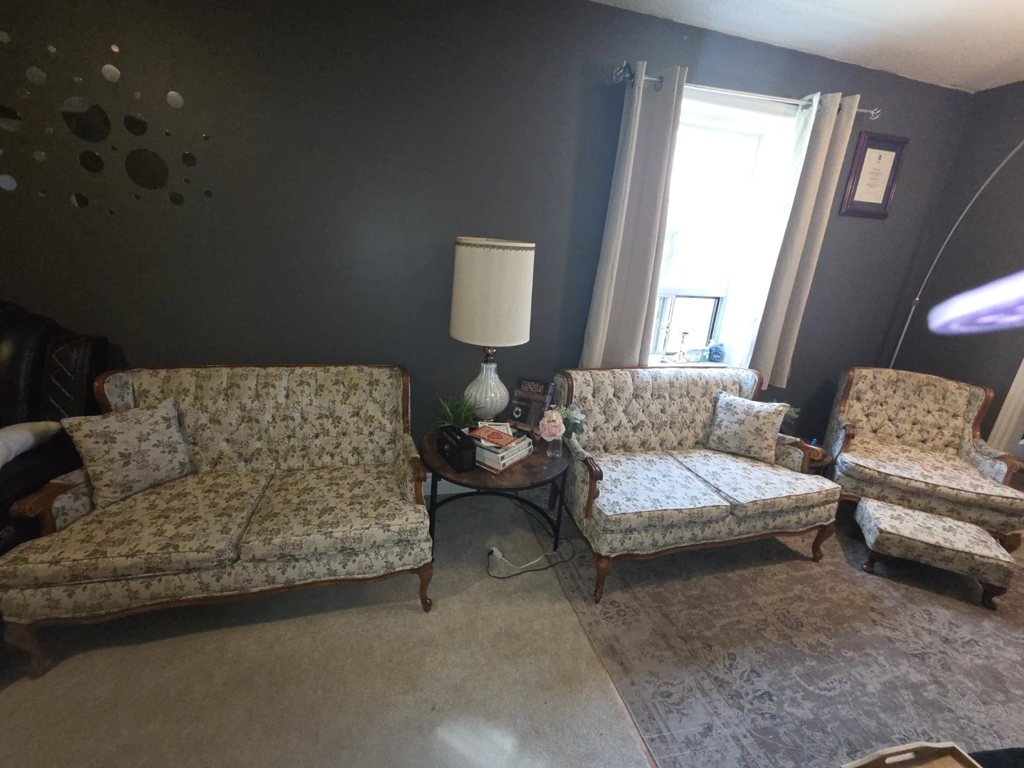 Vintage floral loveseat and armchair with ottoman