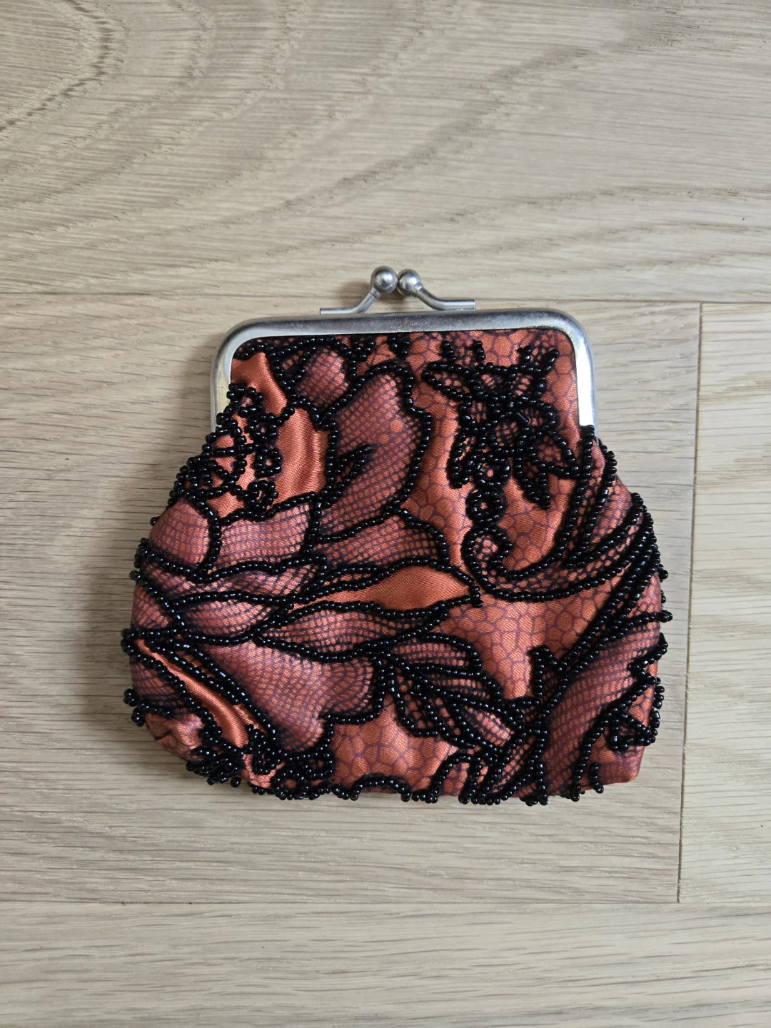 Bronze Orange Black Beaded Coin Purse Pouch