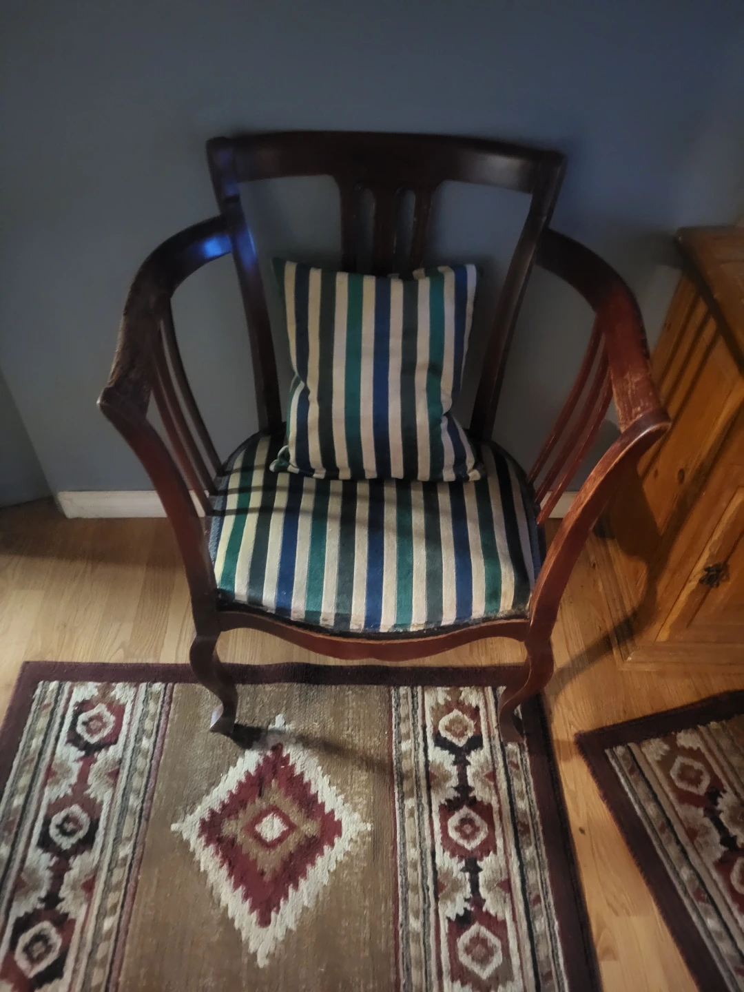 Antique Wooden Accent Chair with Striped Cushion