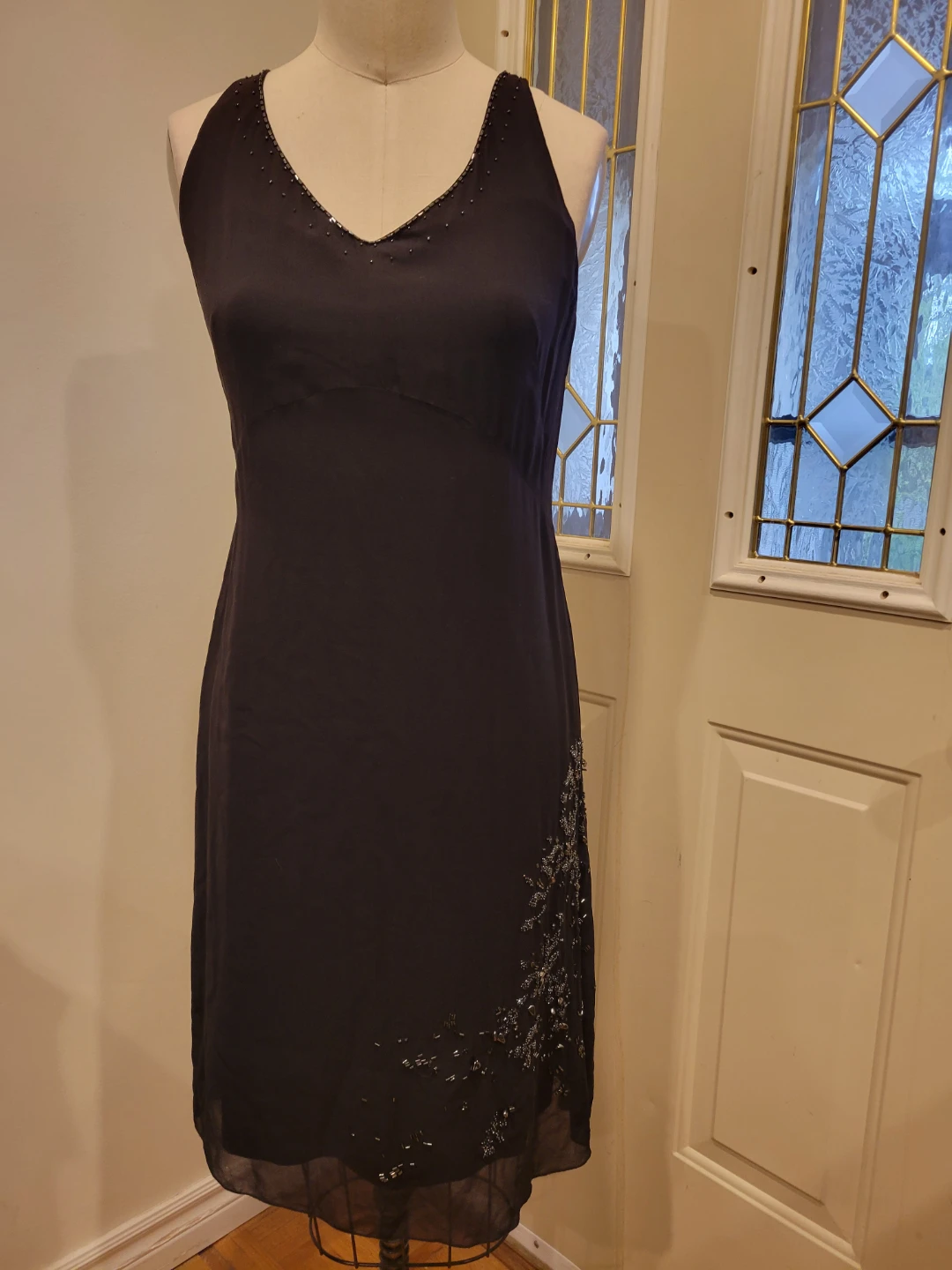 Black  Silk Beaded V-Neck Slip Dress