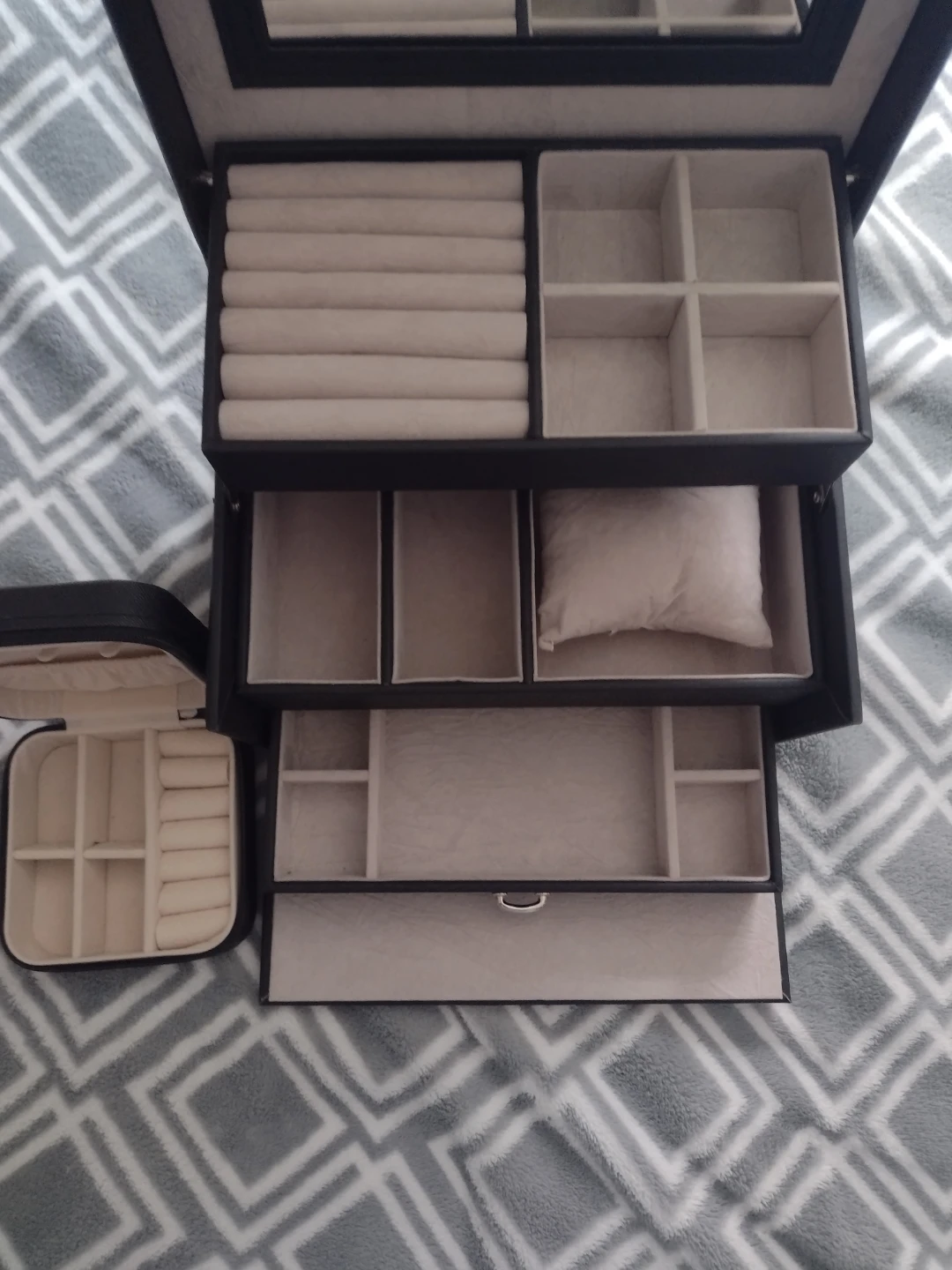 Black Faux Leather Jewelry Box Organizer with Travel Case