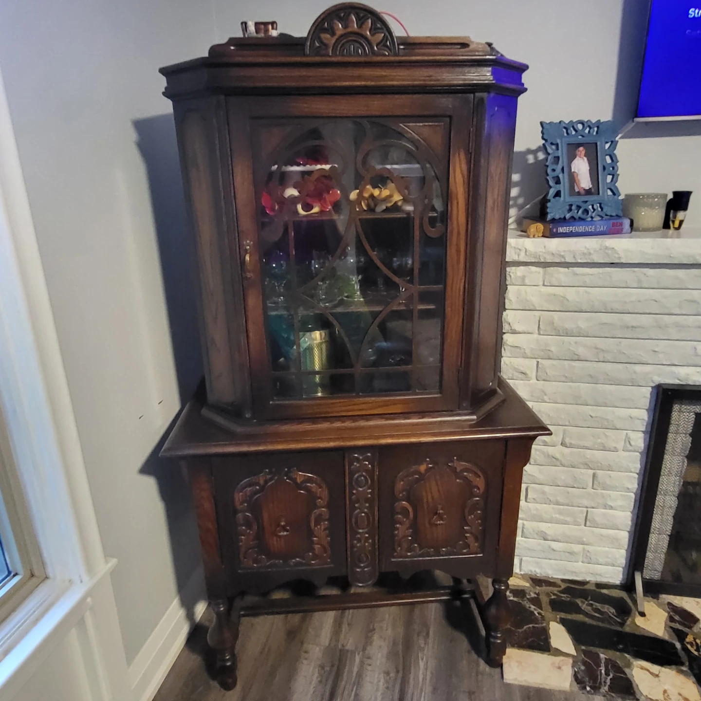 Antique Oak China Cabinet with Glass Doors