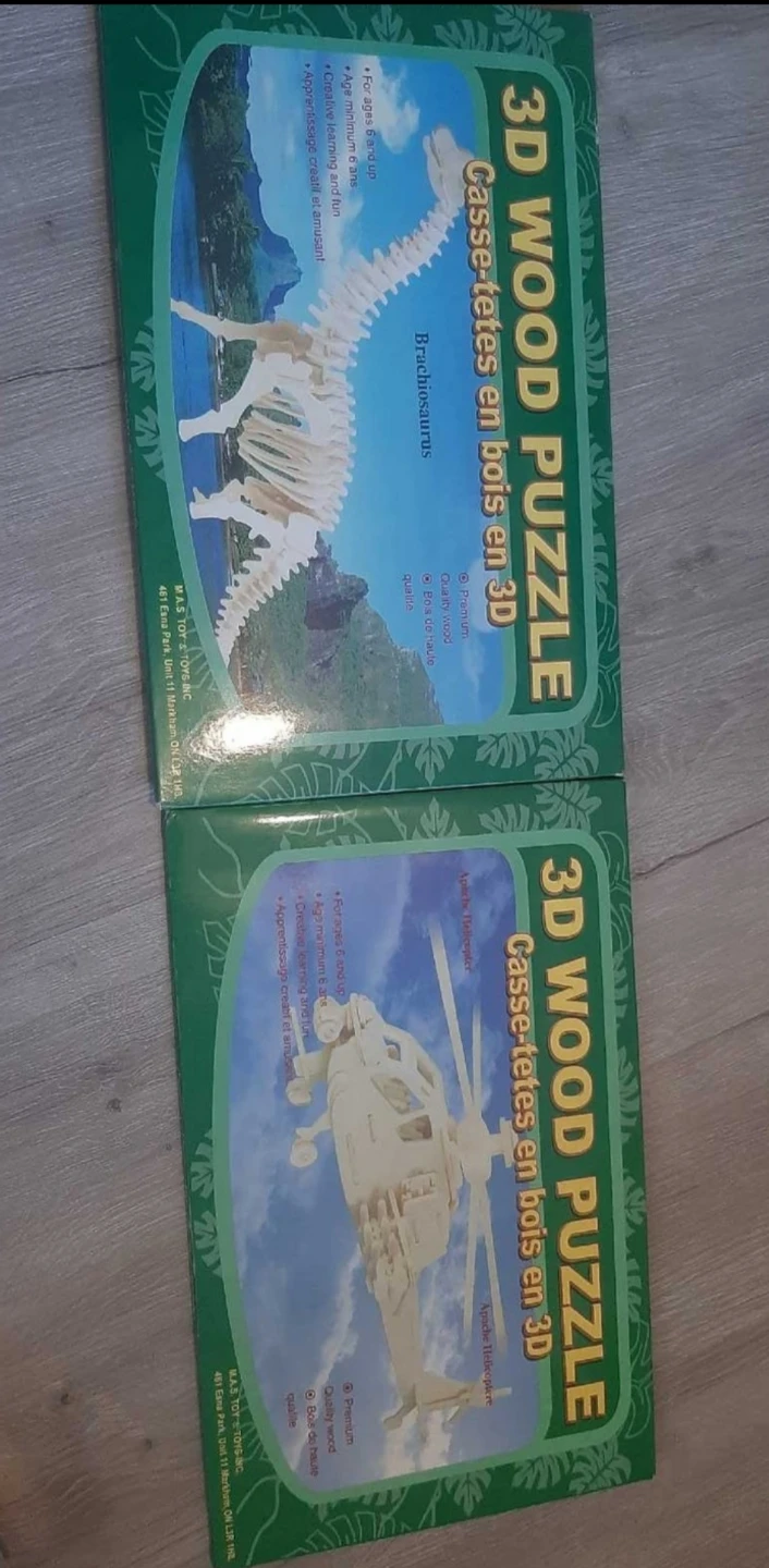 3D Wood Puzzles - Brachiosaurus & Apache Helicopter