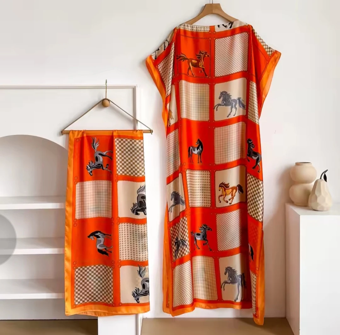 Orange Kaftan Dress and Scarf Set with Horse Print