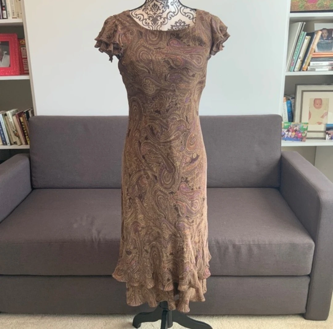 Jones New York Brown Paisley Midi Dress 100% Silk