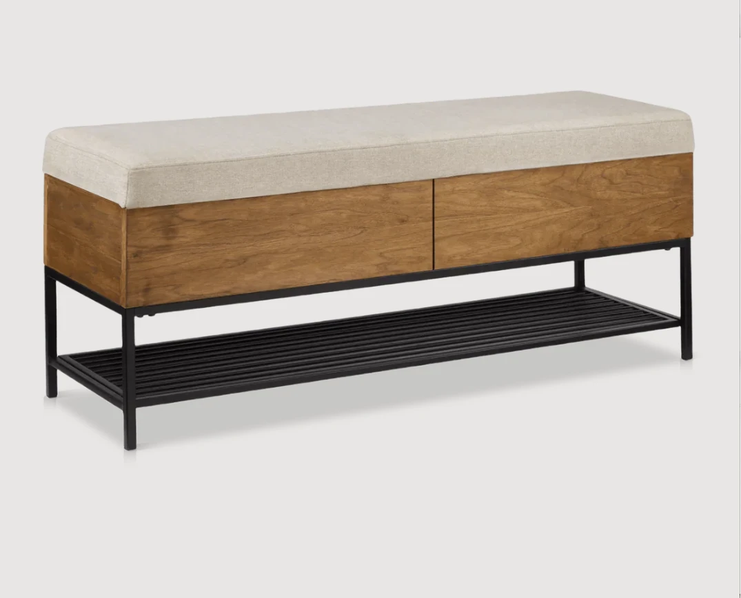 Bouclair Fabric Wood and Metal Storage Bench with Shoe Rack