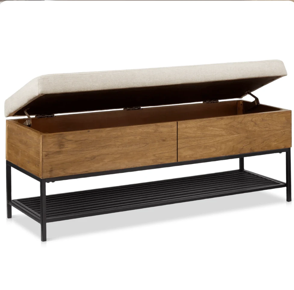 Bouclair Fabric Wood and Metal Storage Bench with Shoe Rack - photo 2